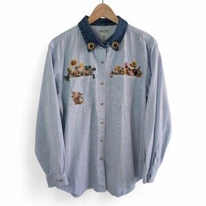 Vintage Cabin Creek Fall Embroidered Striped Shirt Blue Large